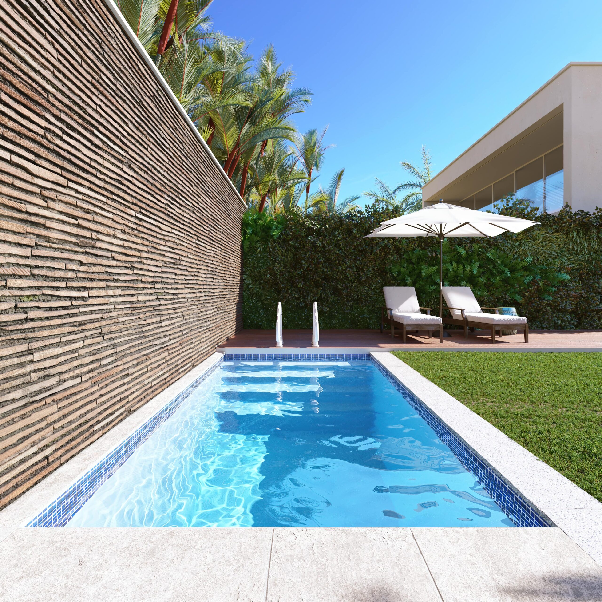 Classic fiberglass pool installed in a Maple Ridge residential backyard