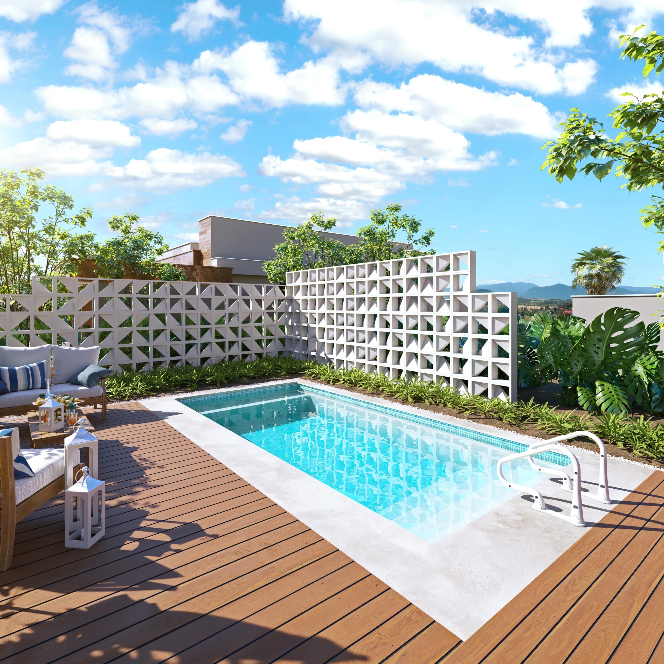 Backyard fiberglass swimming pool installed by Maple Ridge pool contractors