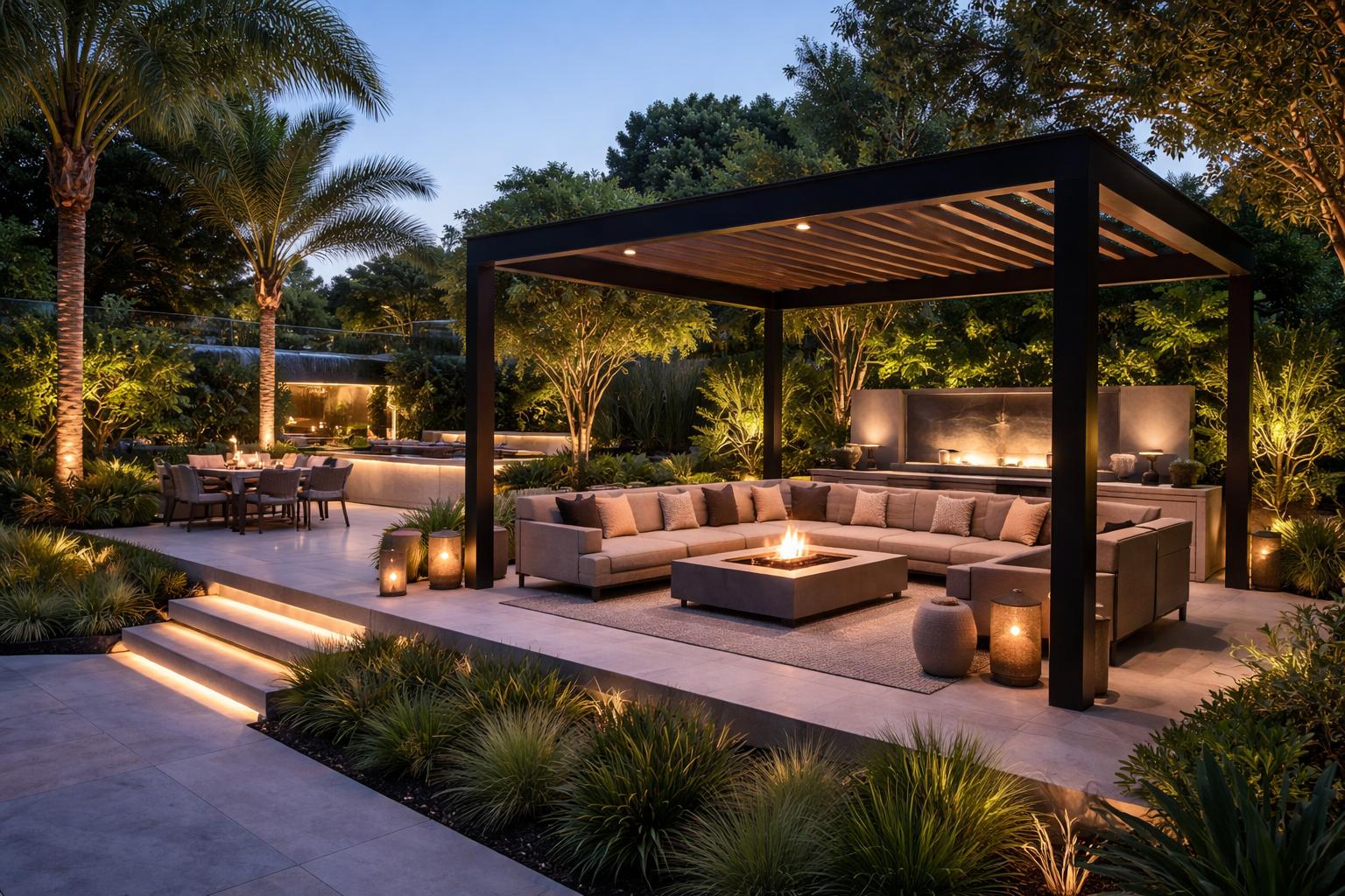Resort-style outdoor living space with a pergola, lounge seating, and fire pit