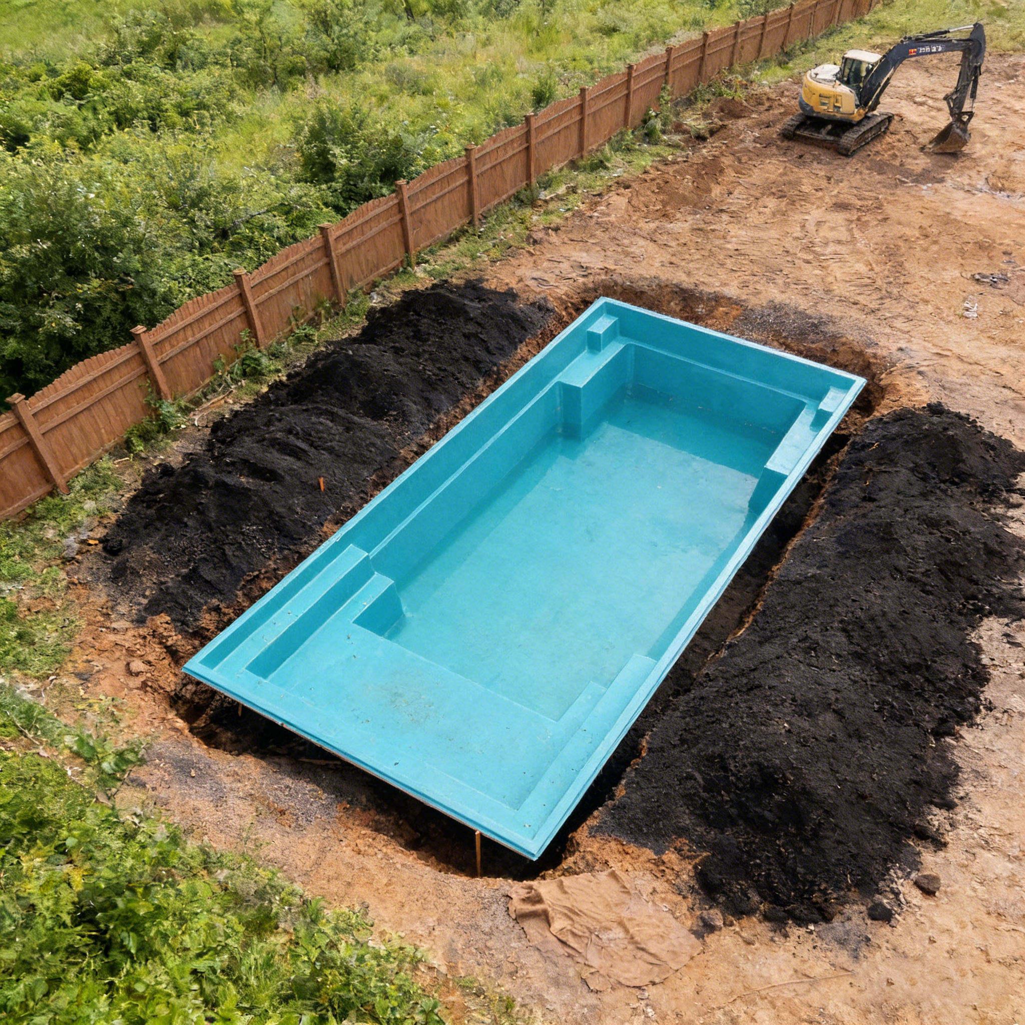 Fiberglass pool shell being installed during residential backyard construction