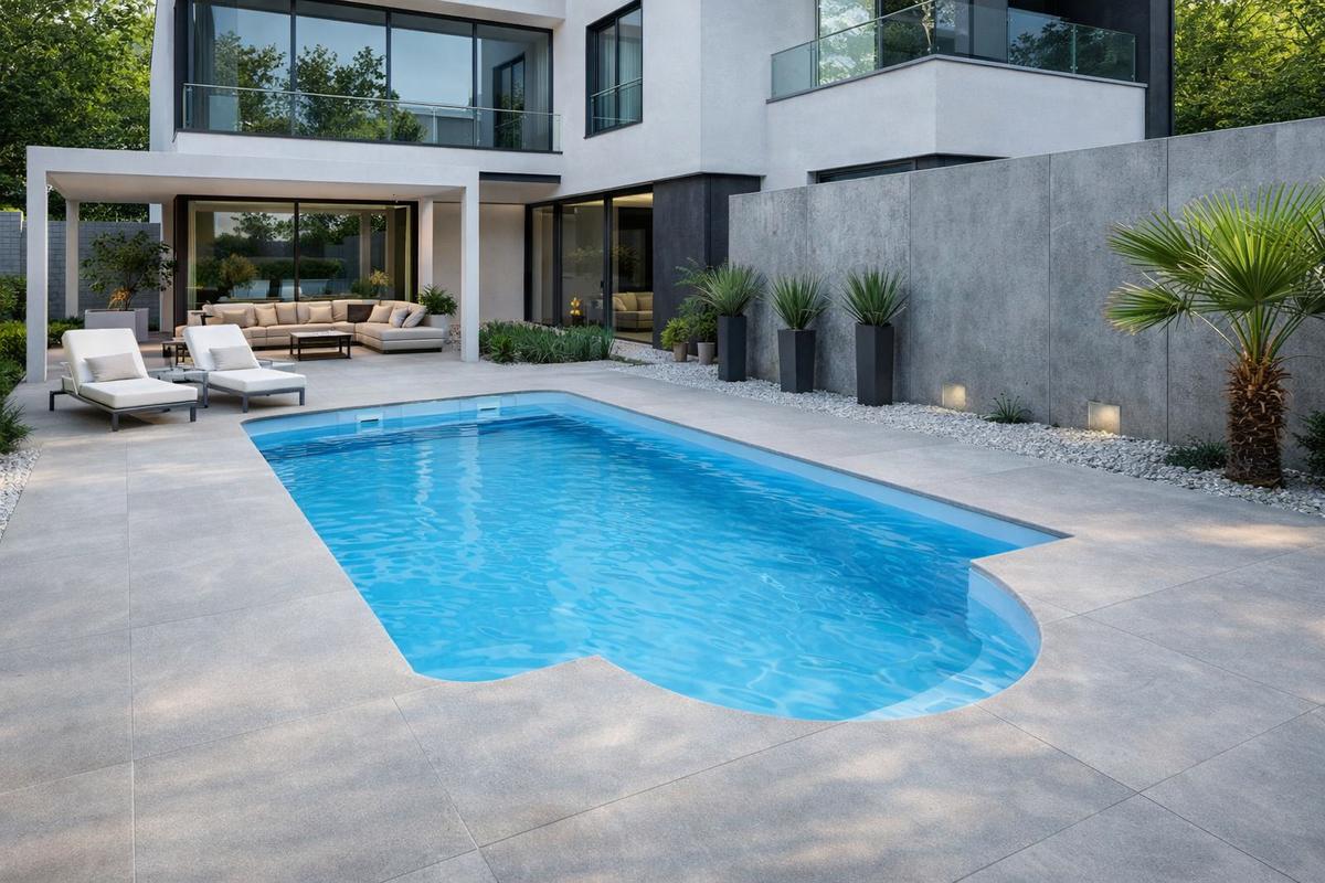 Beautiful landscaped backyard featuring a completed fiberglass swimming pool